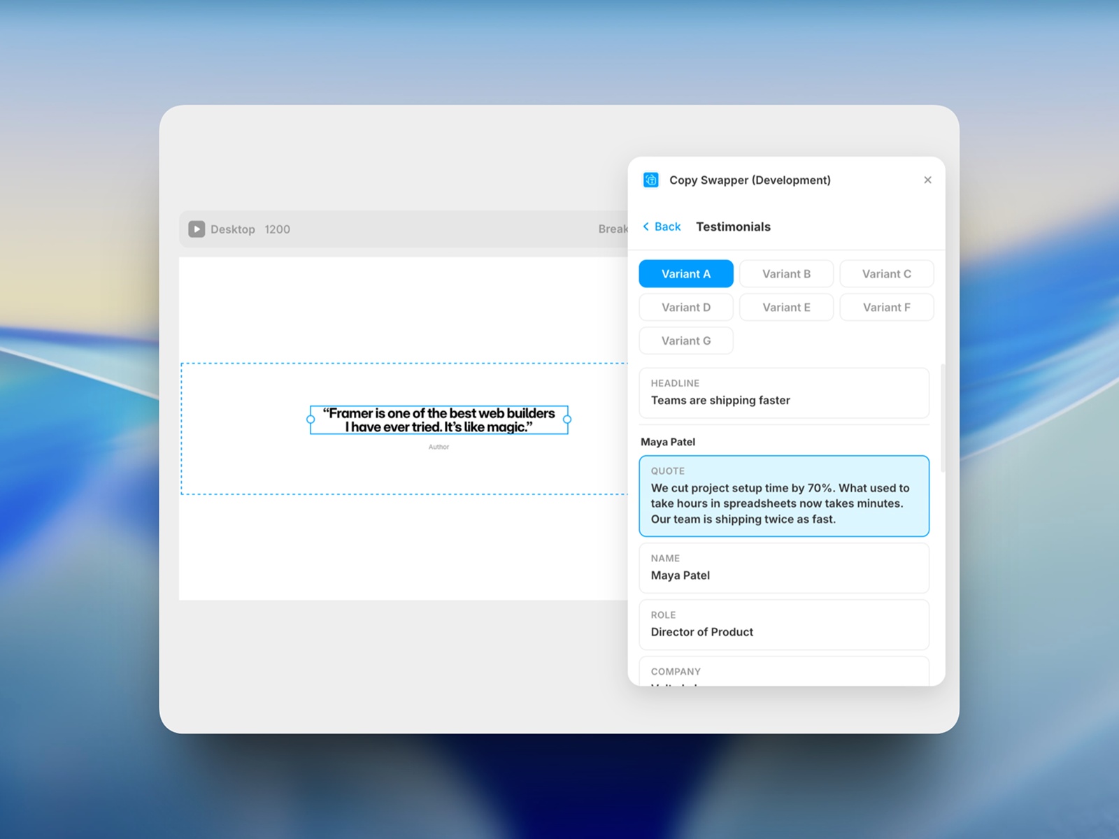 Screenshot 3 for Copy Swapper, a Framer Marketplace plugin by Siddharth Ponnapalli.