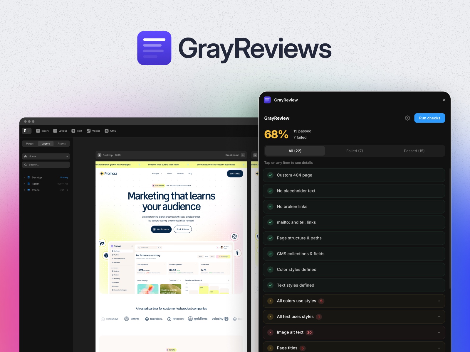 Thumbnail 1 for GrayReview, a Framer Marketplace plugin by Framerbite.