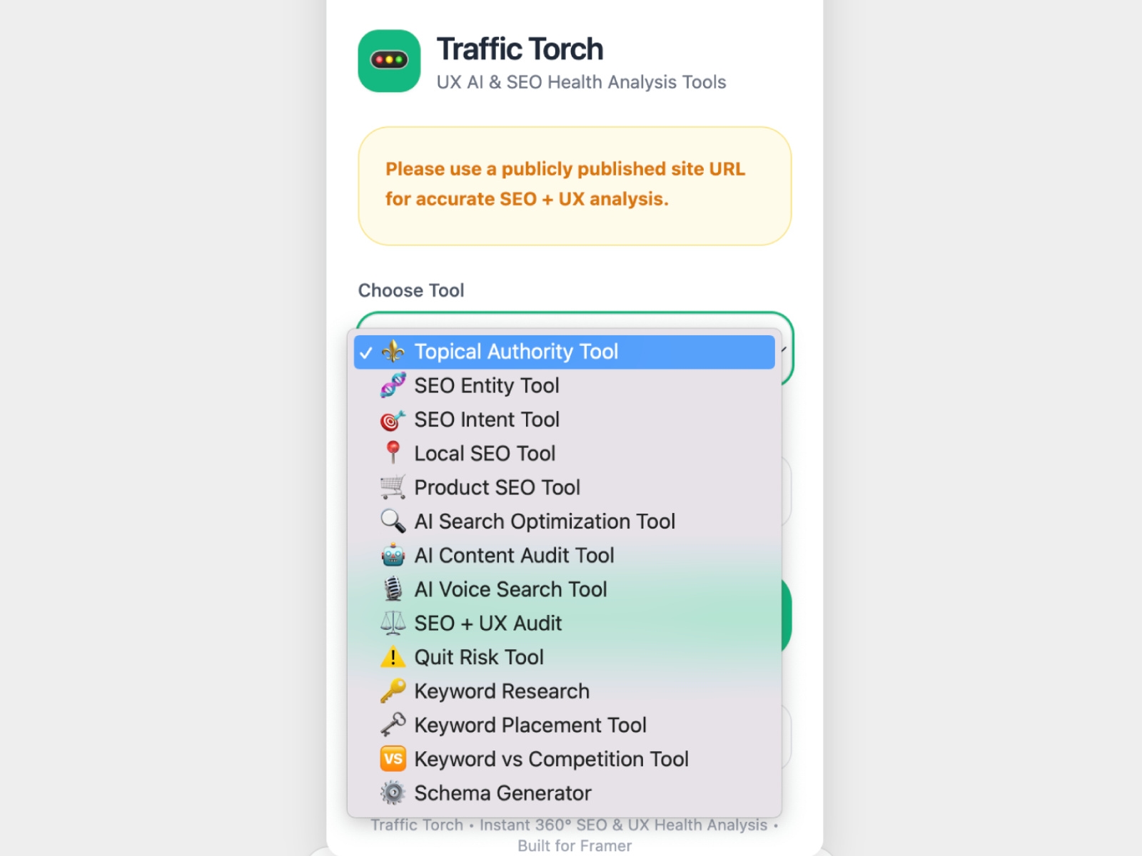 Thumbnail 1 for Traffic Torch, a Framer Marketplace template by Ylia Callan.