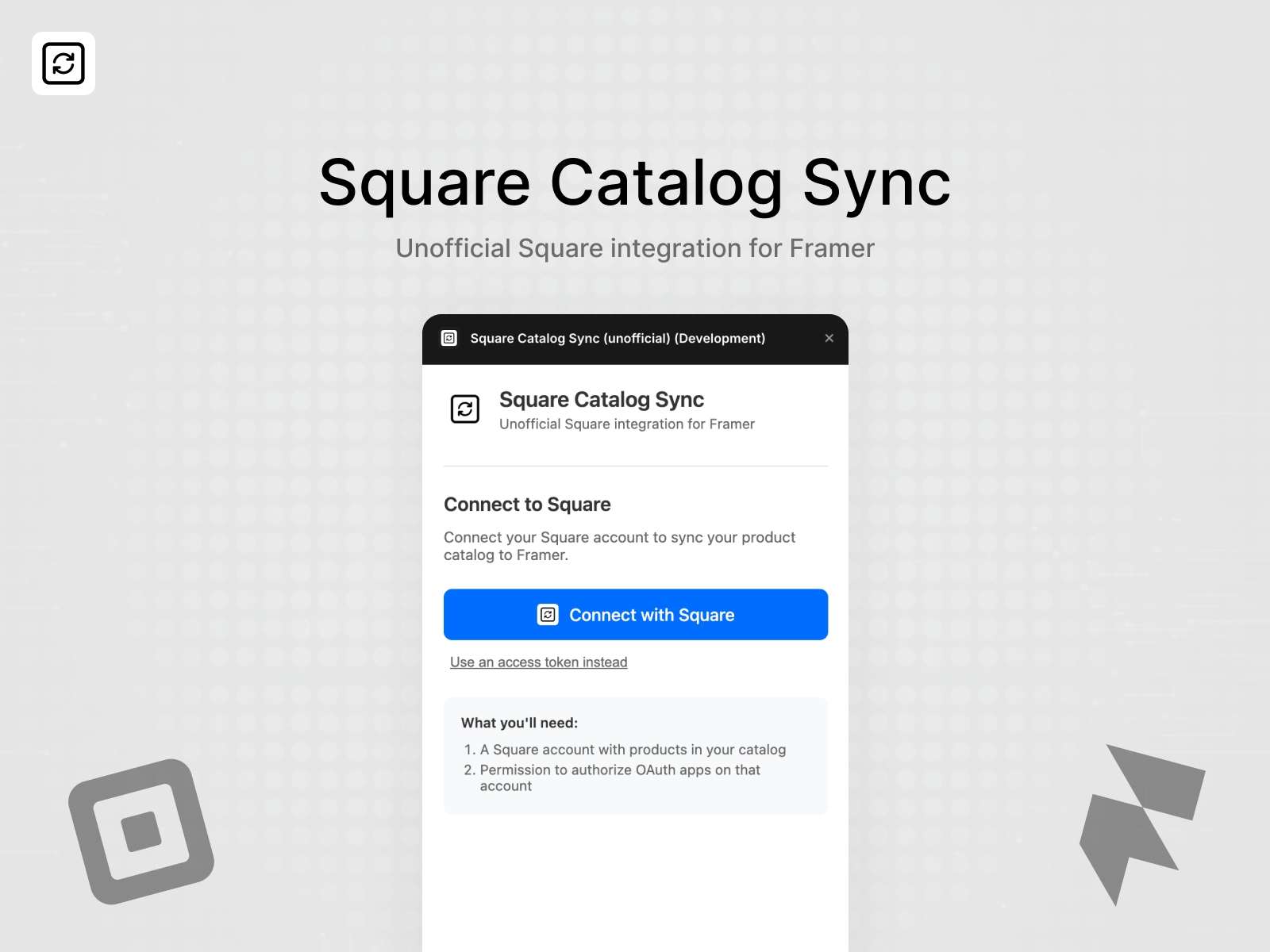 Thumbnail 1 for Square Catalog Sync (unofficial), a Framer Marketplace template by Push Refresh.