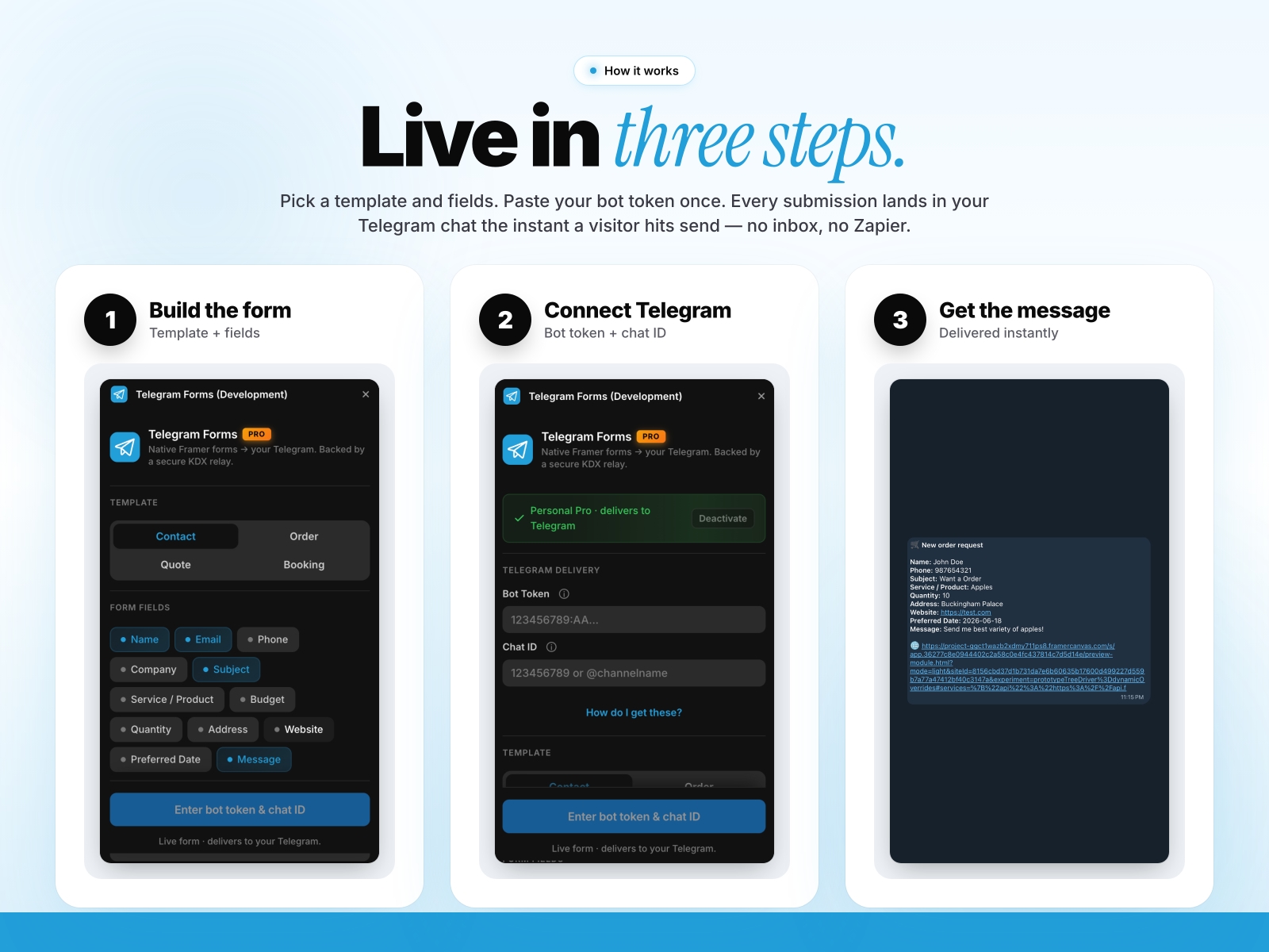 Thumbnail 2 for Telegram Forms, a Framer Marketplace template by Khushal Dewra (KDX Studios).