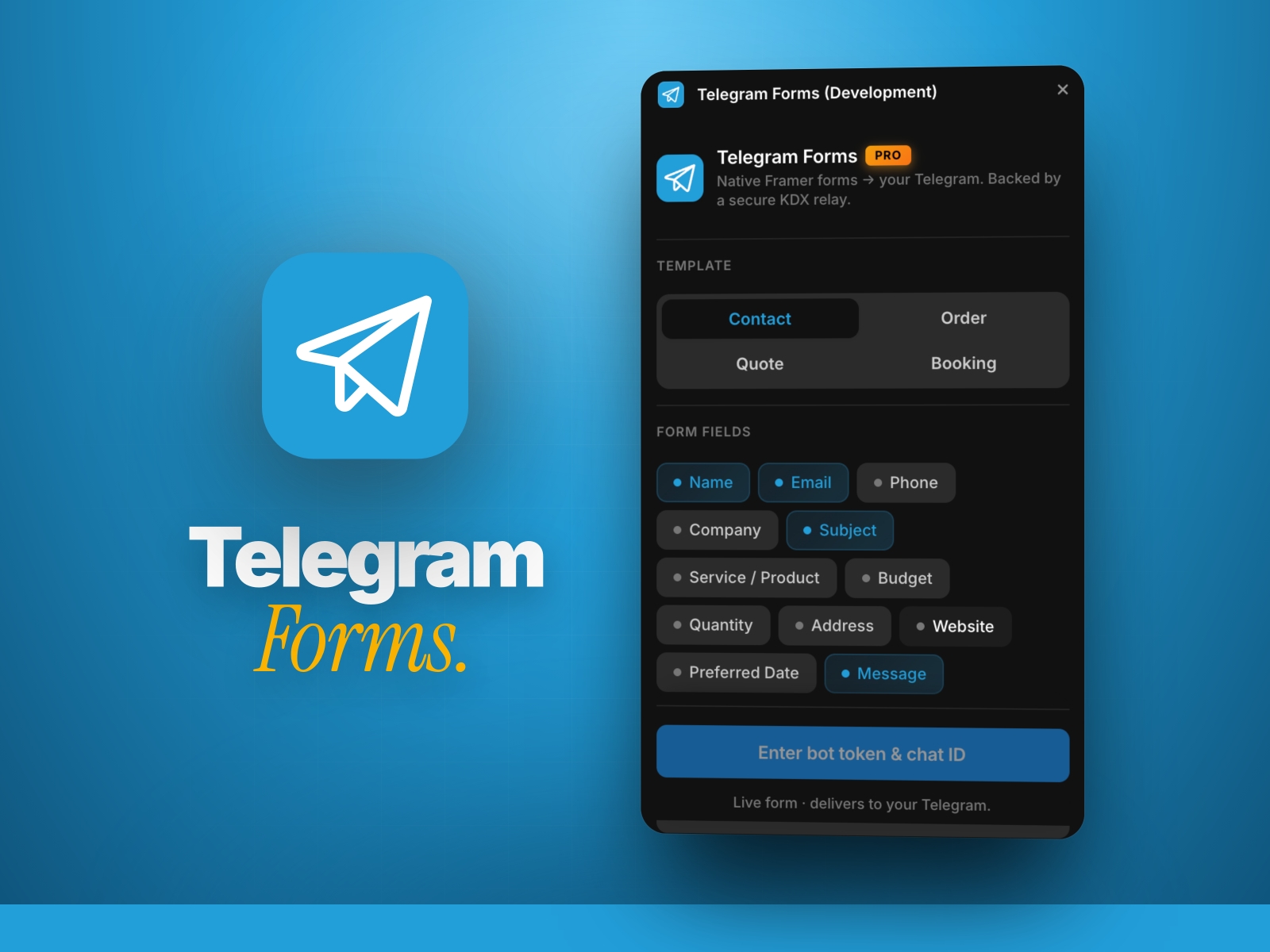 Thumbnail 1 for Telegram Forms, a Framer Marketplace template by Khushal Dewra (KDX Studios).