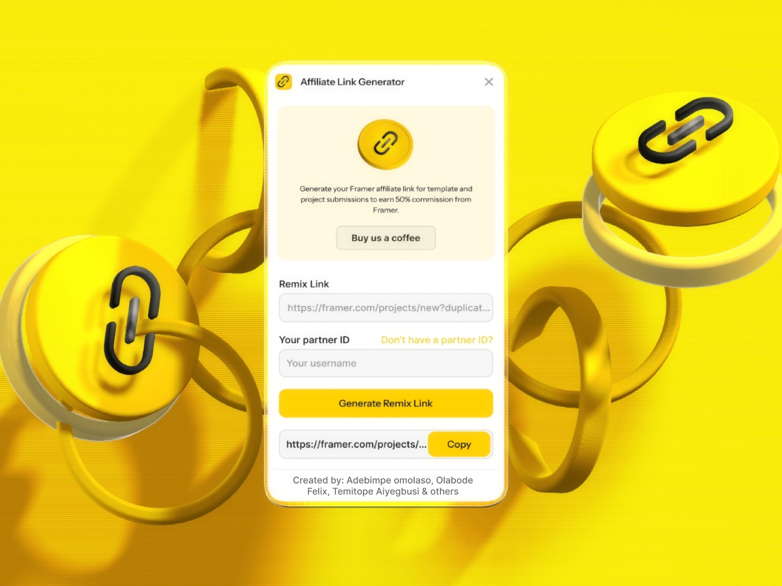 Thumbnail 1 for Affiliate Link Generator, a Framer Marketplace template by Adebimpe Omolaso.