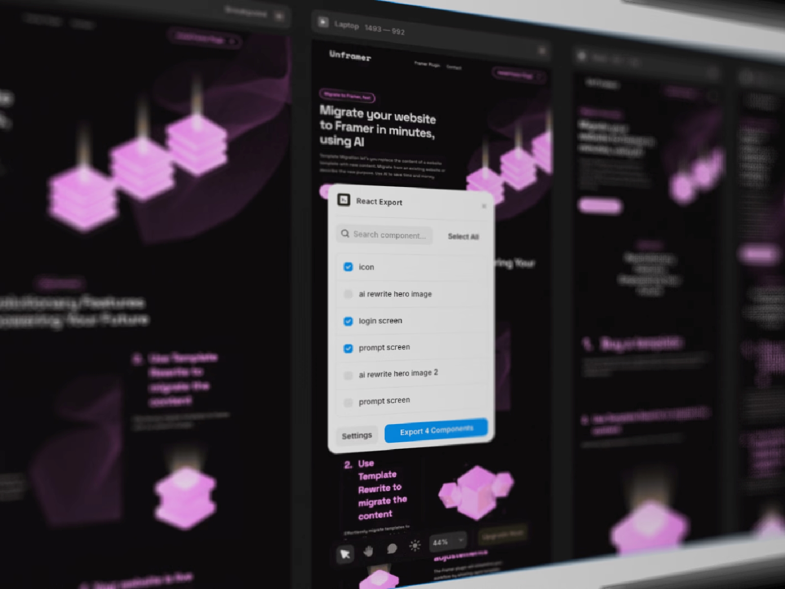 Thumbnail 1 for React Export, a Framer Marketplace template by Tommy D. Rossi.