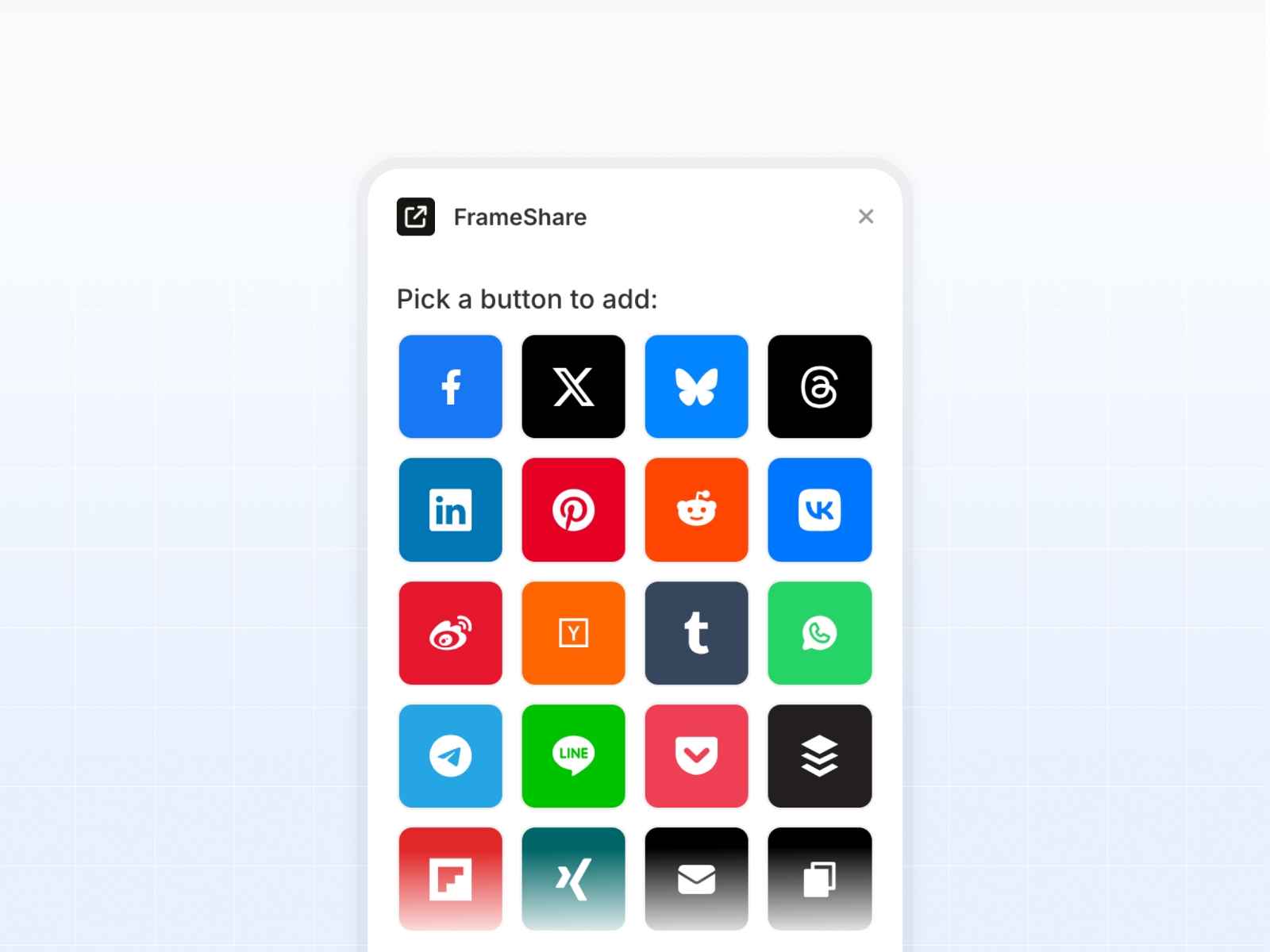 Thumbnail 1 for FrameShare - Social Share Buttons, a Framer Marketplace plugin by Julien Vier.