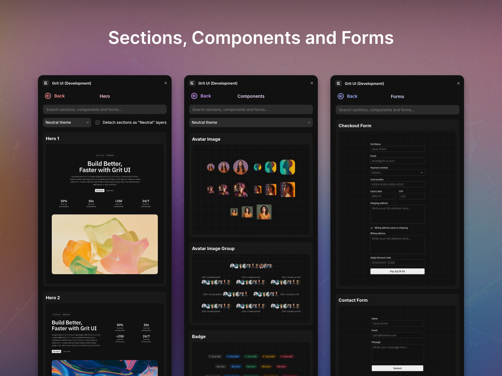 Screenshot 3 for Grit UI, a Framer Marketplace plugin by Lauri Lännenmäki.
