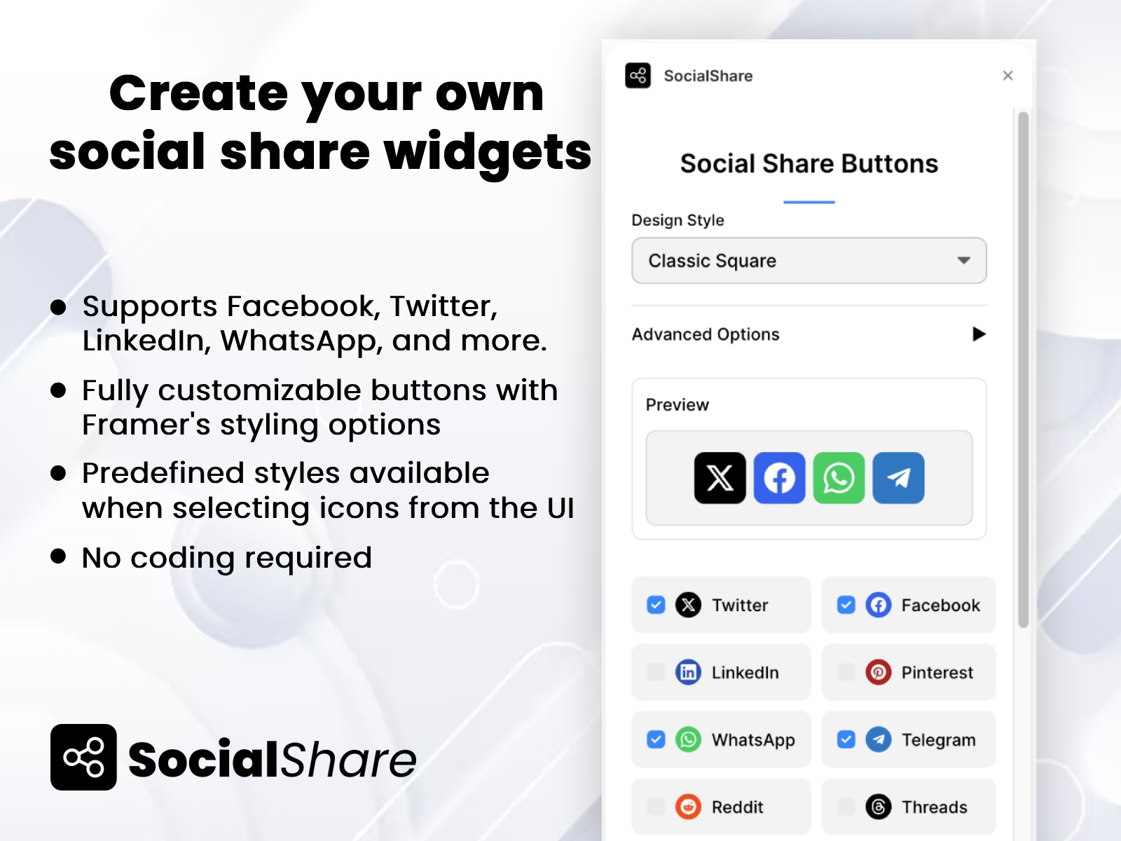 Screenshot 3 for SocialShare, a Framer Marketplace plugin by FramerSea.