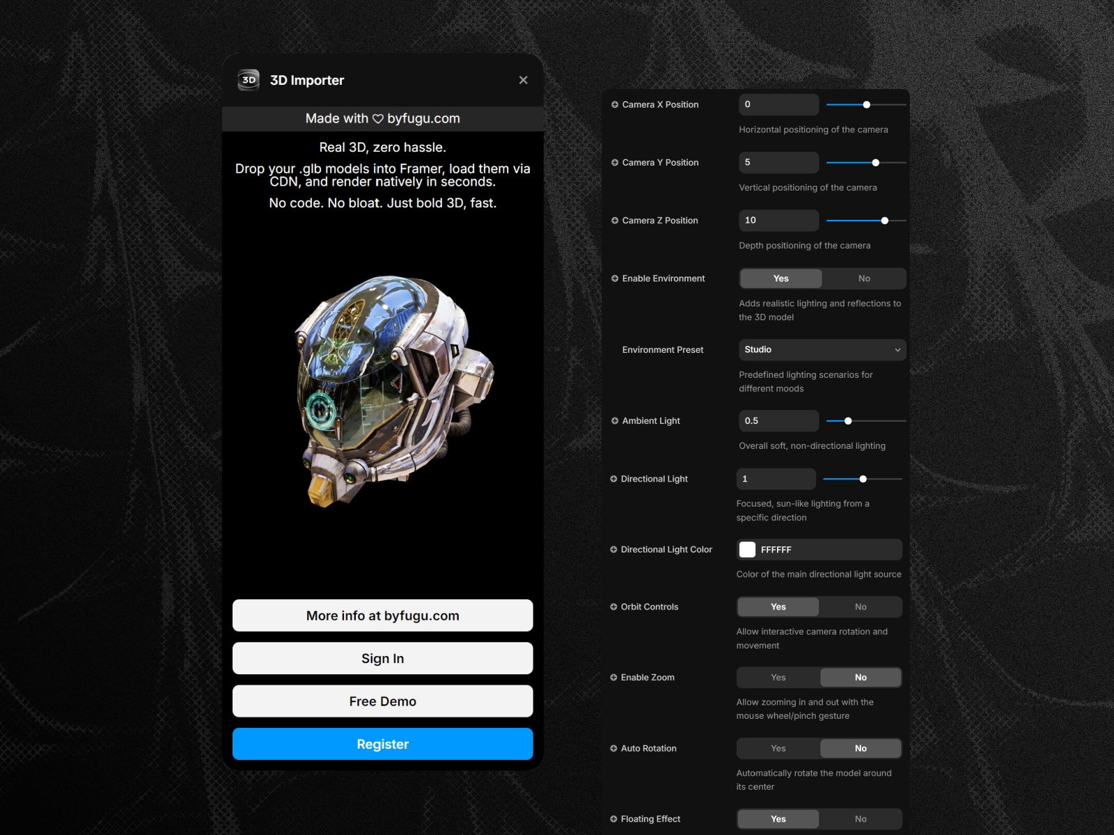 Thumbnail 1 for 3D Importer, a Framer Marketplace plugin by byfugu.com.