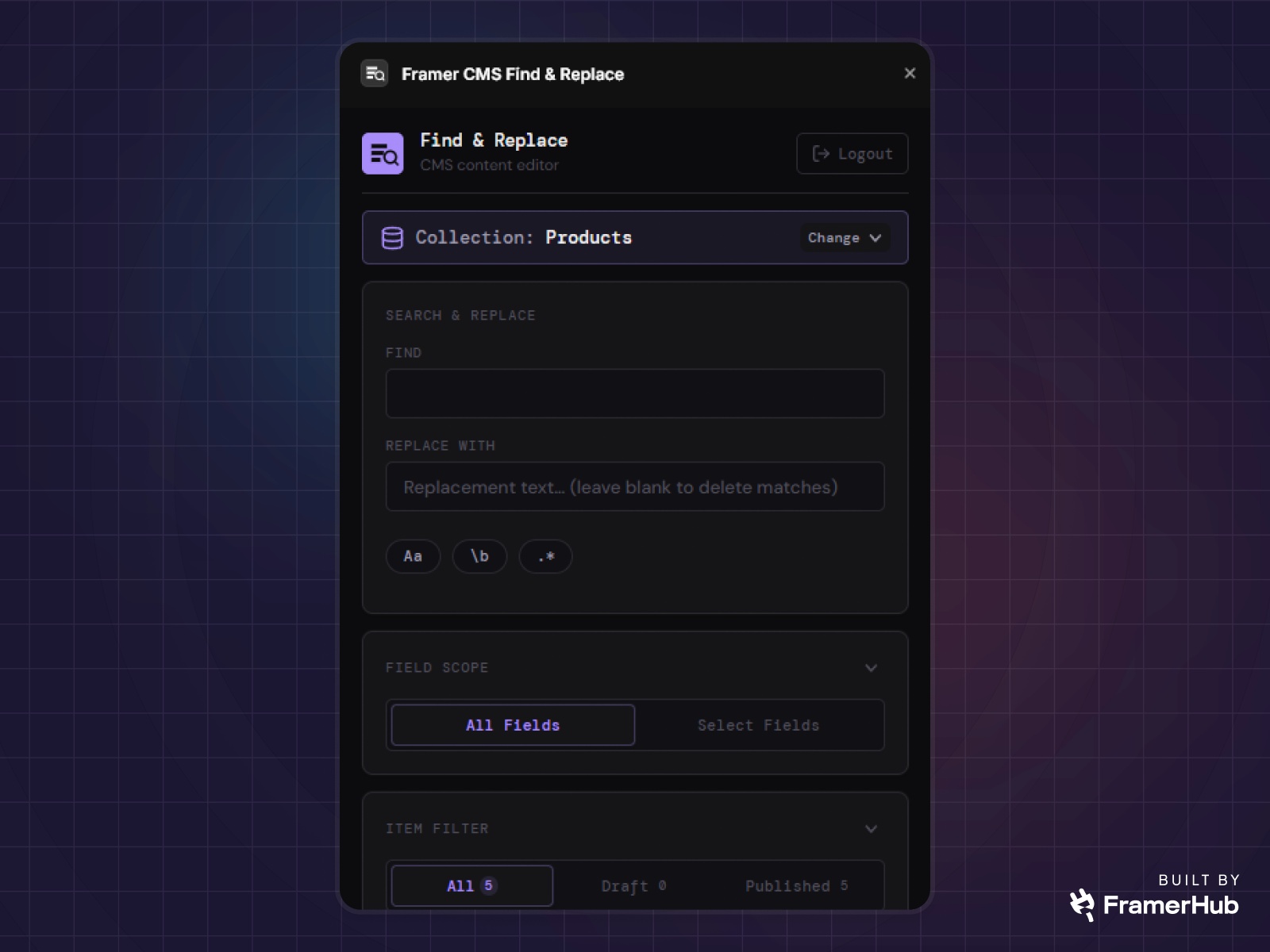Thumbnail 2 for Framer CMS Find & Replace, a Framer Marketplace template by FramerHub.io .