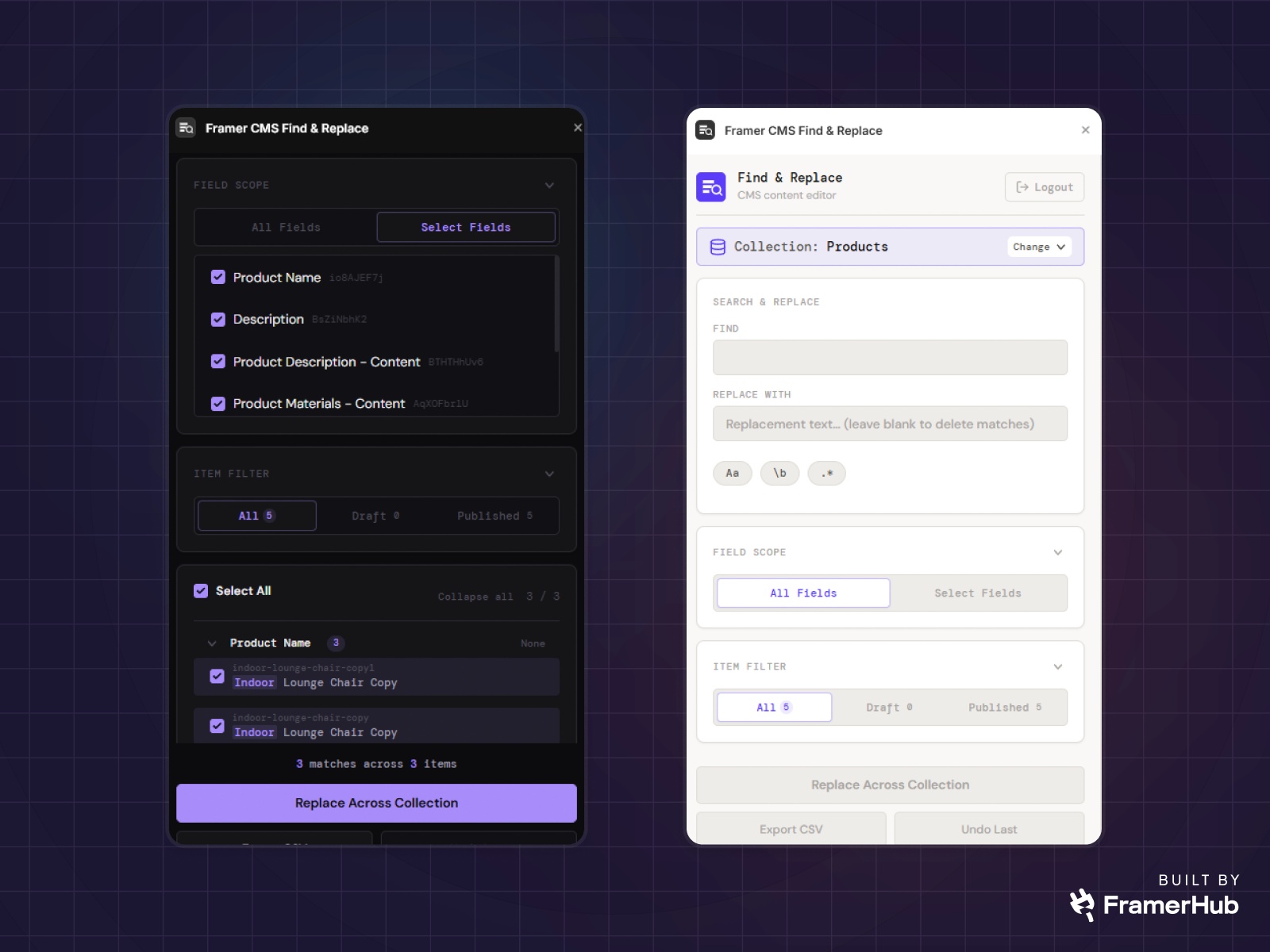 Thumbnail 1 for Framer CMS Find & Replace, a Framer Marketplace template by FramerHub.io .
