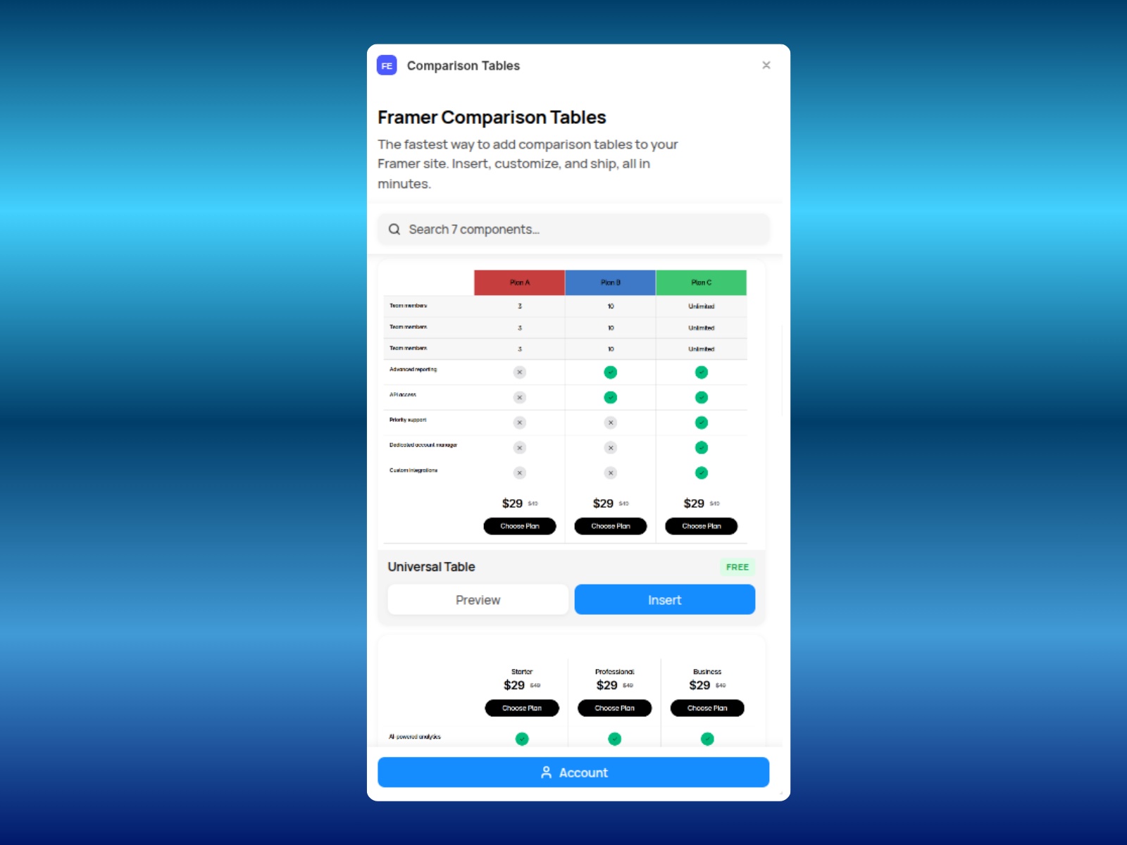 Thumbnail 1 for Comparison Tables, a Framer Marketplace template by FRAME ESSENTIALS.