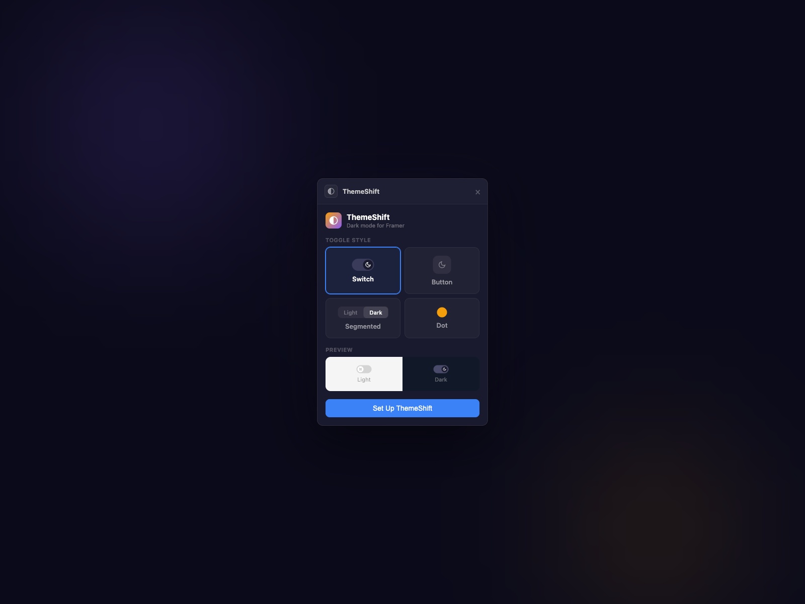 Thumbnail 2 for ThemeShift — Dark Mode Toggle, a Framer Marketplace template by Proofly.ae.