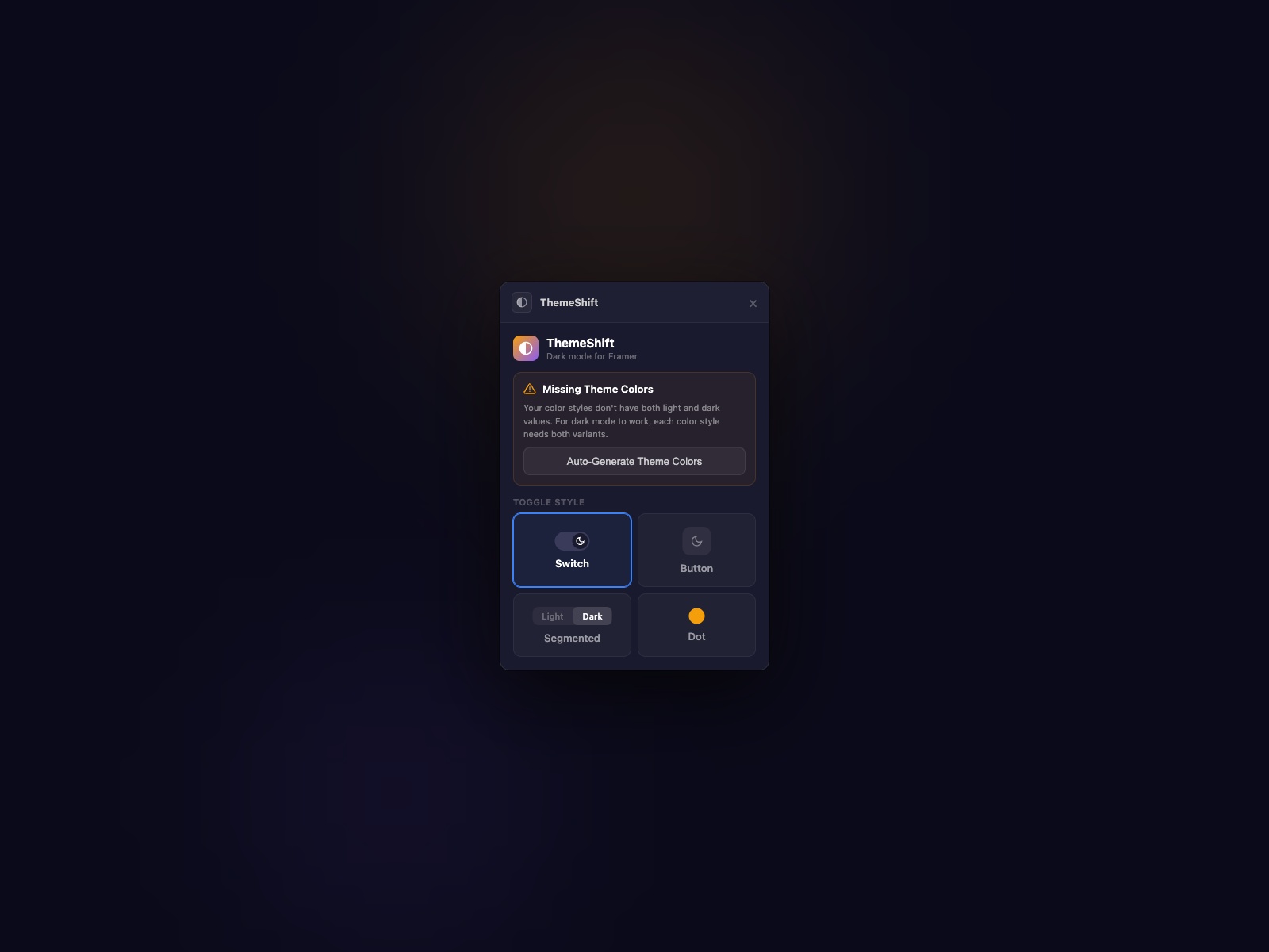 Thumbnail 1 for ThemeShift — Dark Mode Toggle, a Framer Marketplace template by Proofly.ae.