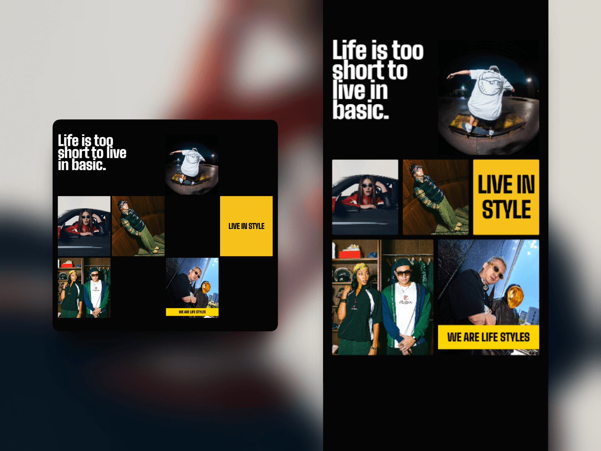 Still exploring layouts for one section of a site I'm rebuilding. The company runs a portfolio of streetwear, coffee and fitness brands, so the section has to carry a lot of different worlds at once.The original puts the headline on top of a photo, then lays eight images out in an even grid. I wanted to test the opposite of both.Three decisions I'm trying:1. Type gets its own cell. The yellow blocks aren't captions or overlays. They sit in the grid as tiles, the same weight as a photo. Nothing is layered over anything, so nothing competes for the same spot.2. Empty cells stay empty. The instinct is to fill the grid. Leaving holes is what makes it read as a collage instead of a gallery.3. Mobile isn't the desktop grid squeezed. It repacks tighter, taller, and the yellow block changes proportion instead of just scaling down.What I'd like eyes on is the desktop version. There's a line between airy and unfinished and I'm not sure which side of it I'm on. Would you tighten those gaps or push them further apart?