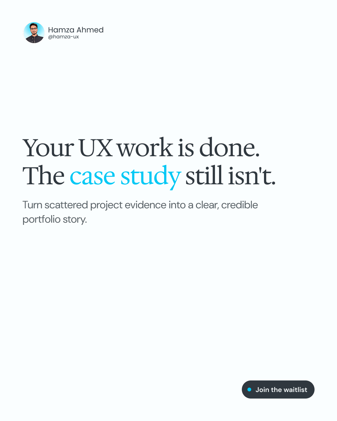 Your UX project may be finished, but publishing the case study can still feel like starting another one.The evidence is scattered. The story needs structure. The final page has to work for a quick scan, a deeper read, and every screen size.UX Artifactly is a product idea for closing that gap: helping designers turn project evidence into a clear, credible case study, then publish it as a responsive portfolio story.The direction is evidence first and designer controlled. AI may help organize and clarify the material, but it should not invent outcomes or replace the designer's point of view.If structured case-study storytelling would make your portfolio work easier to ship, join the early waitlist:https://uxartifactly.framer.website/What would make publishing a UX case study easier for you?#Framer #UXPortfolio #ProductDesign