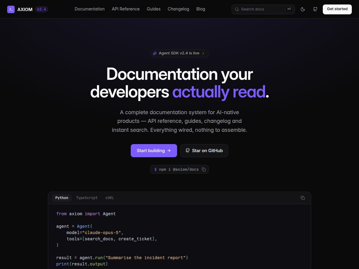 Just shipped Axiom Docs — a full documentation system for AI products.Two-level sidebar, sticky outline, tabbed code blocks, endpoint tables,CMS changelog. Real dark and light with a working toggle.8 pages, 3 breakpoints. First 25 buyers get it at $89 with LAUNCH25.