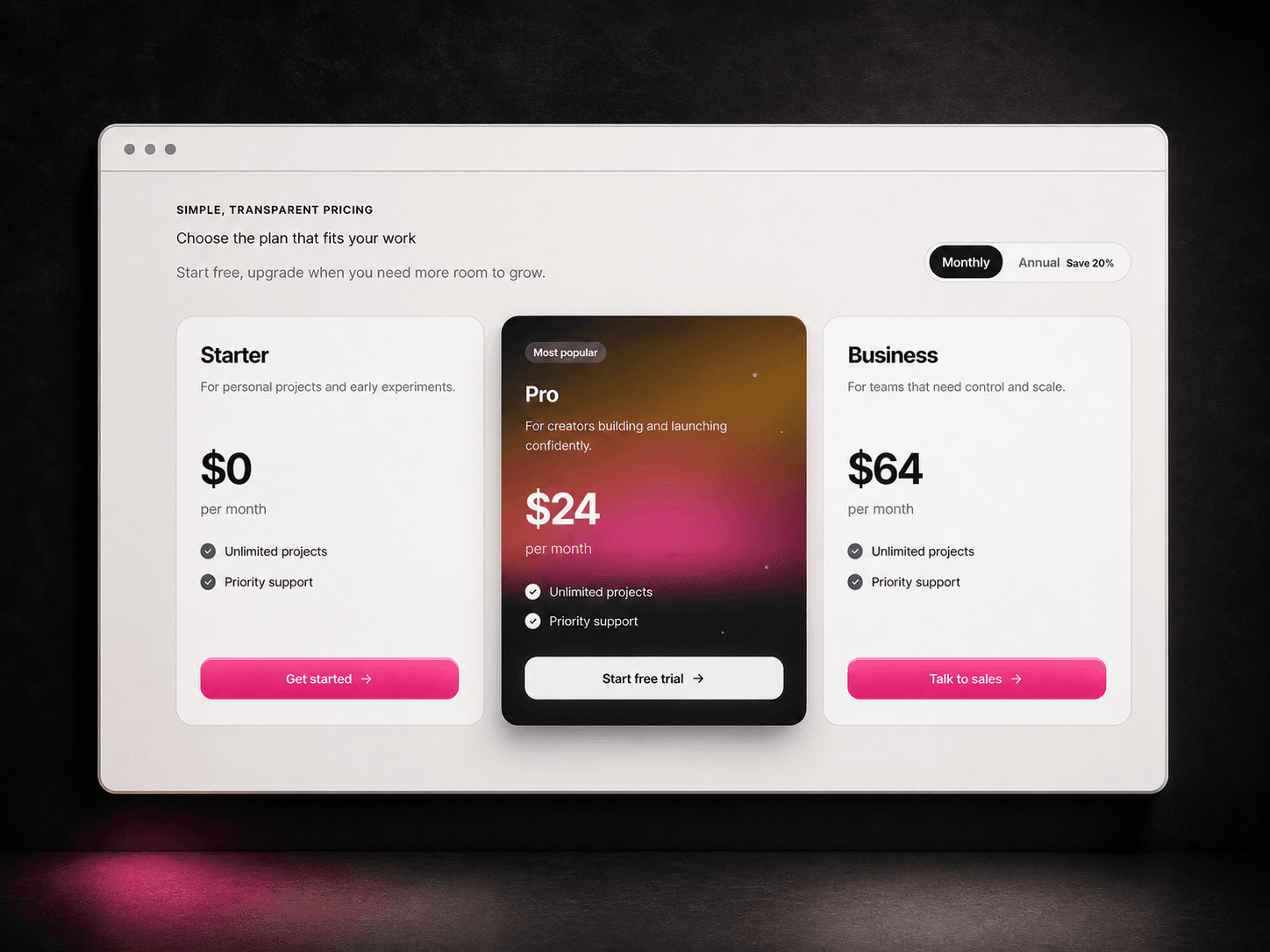 Glow Pricing Table