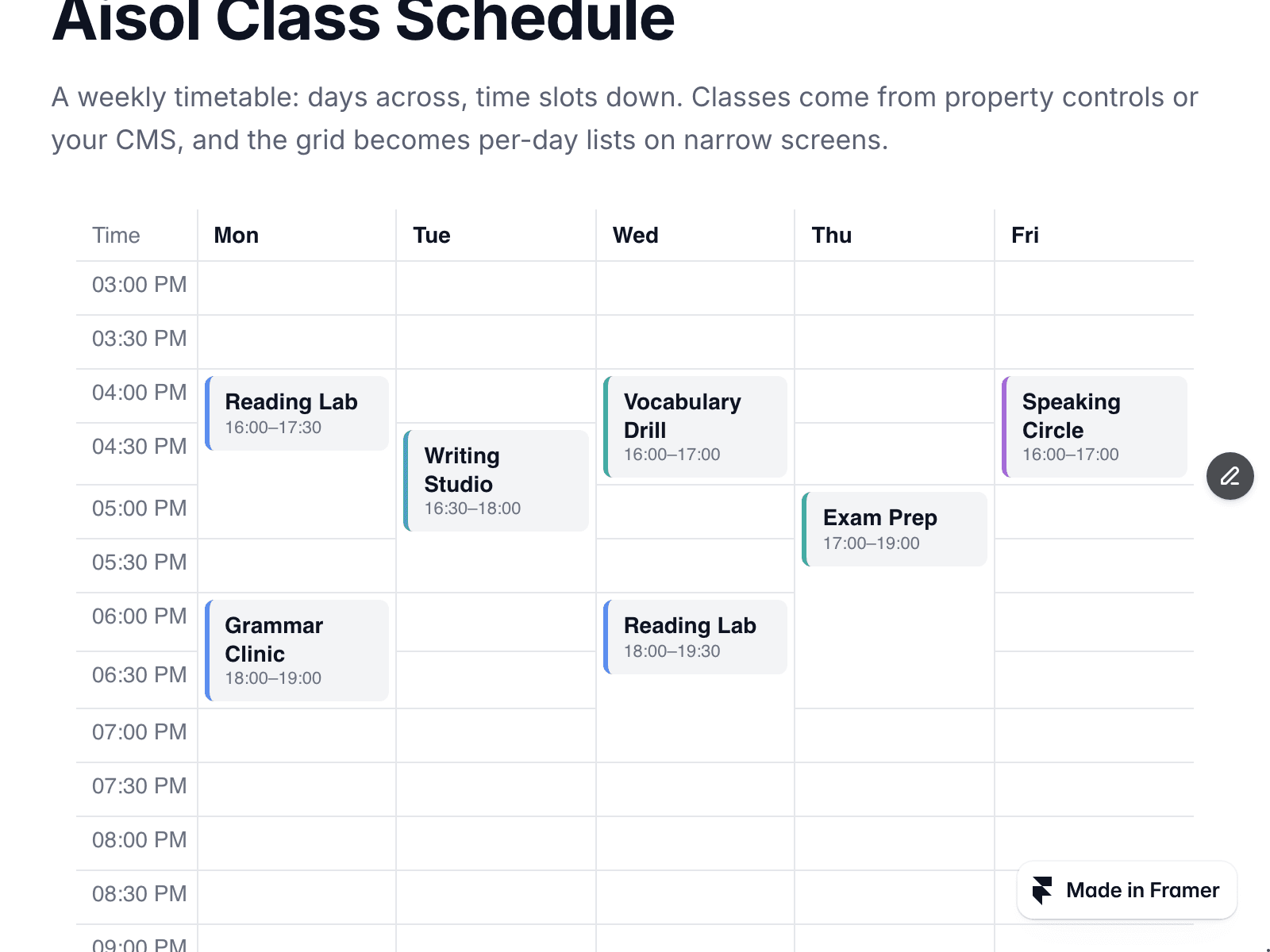 Aisol Class Schedule