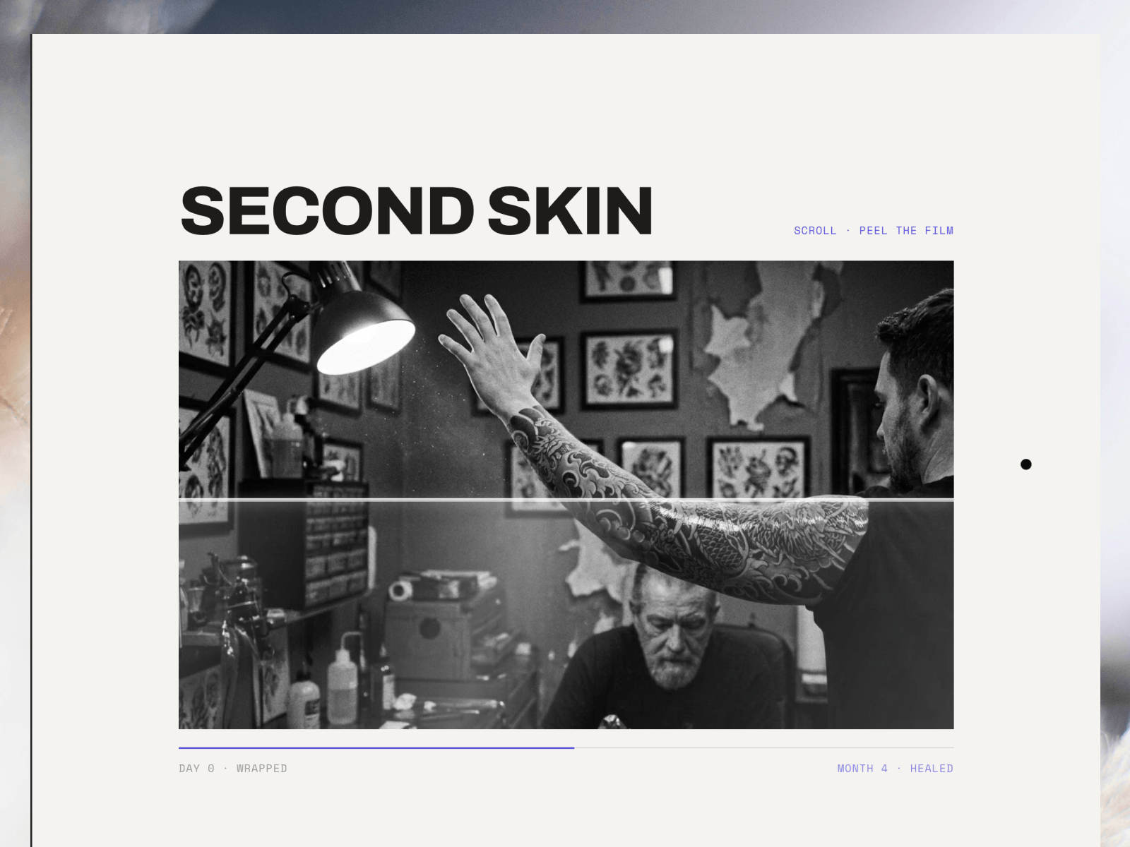Second Skin runs from day zero wrapped to month four healed as you scroll.Clients ask what it looks like healed before they ask the price. Most studio sites answer with a gallery of fresh work, which is the wrong answer.marrowtattoo.framer.website