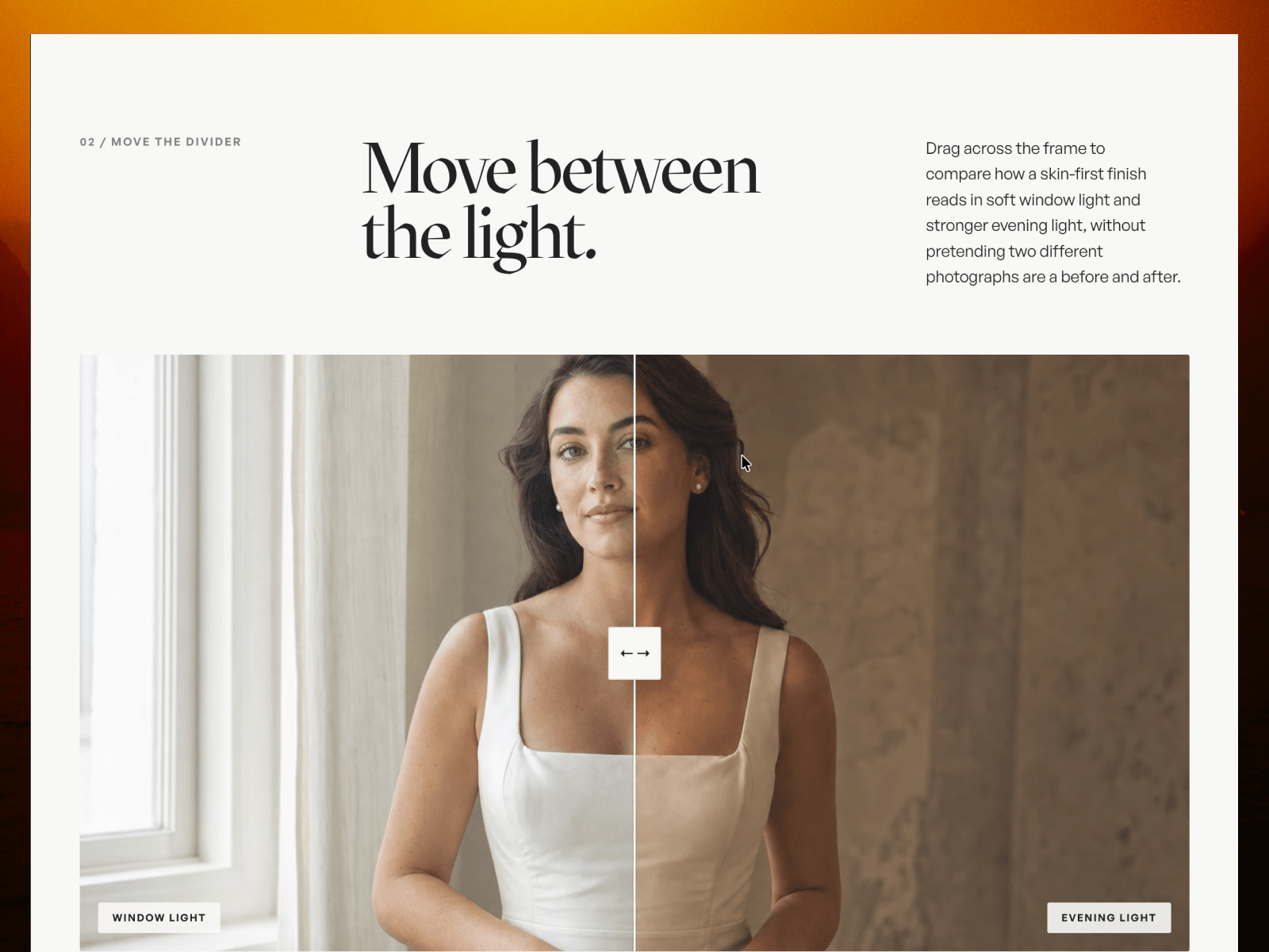 Bellucci puts a drag handle across the photo so you pull between window light and evening light on the same face.Bridal clients ask about that before they ask the price.bellucci.framer.website