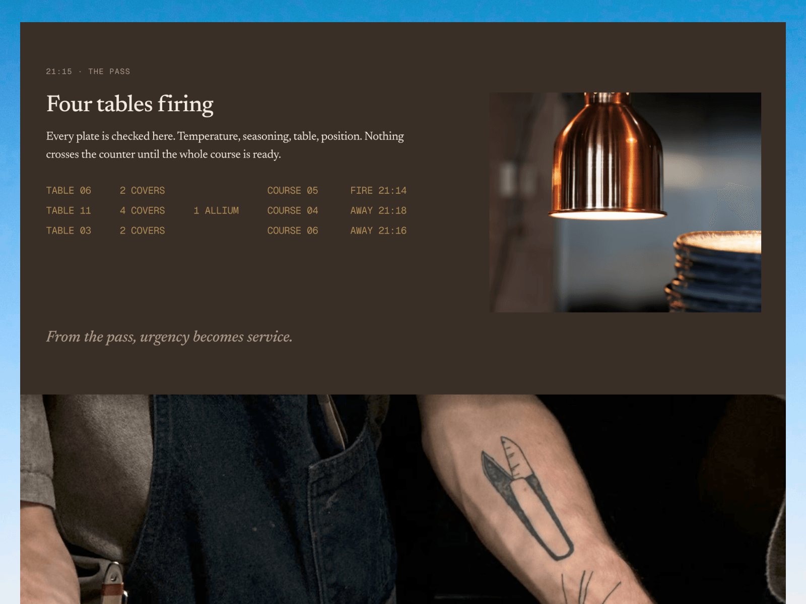 Late August runs a board of the tables in service. Covers, course, time fired.It reads like a kitchen mid-shift instead of a menu PDF.lateaugust.framer.website