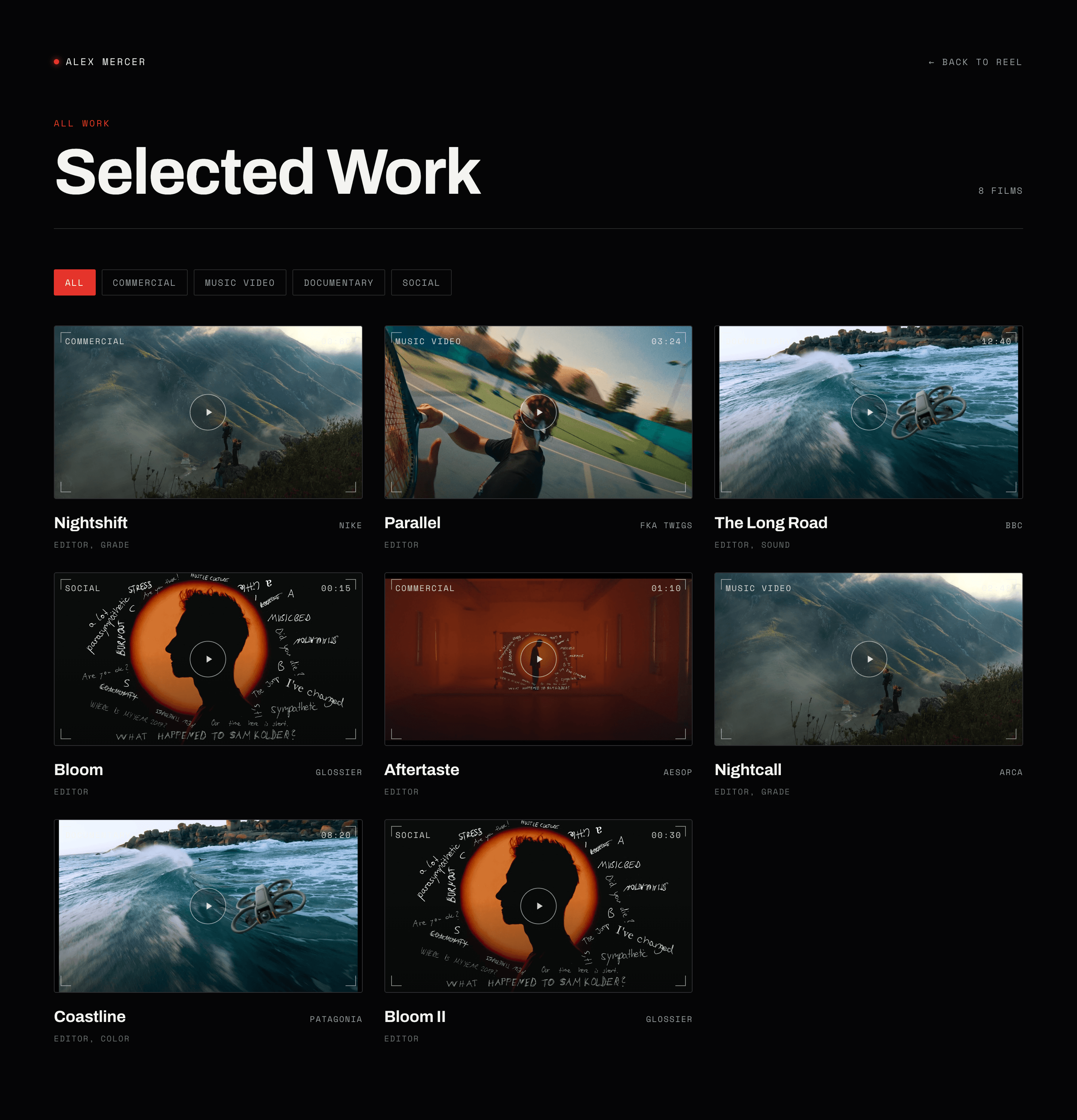CUT filters the reel by category, so a client hiring for a music video never scrolls past your car ads.Most editor sites hand you one long showreel and hope.cutt.framer.website