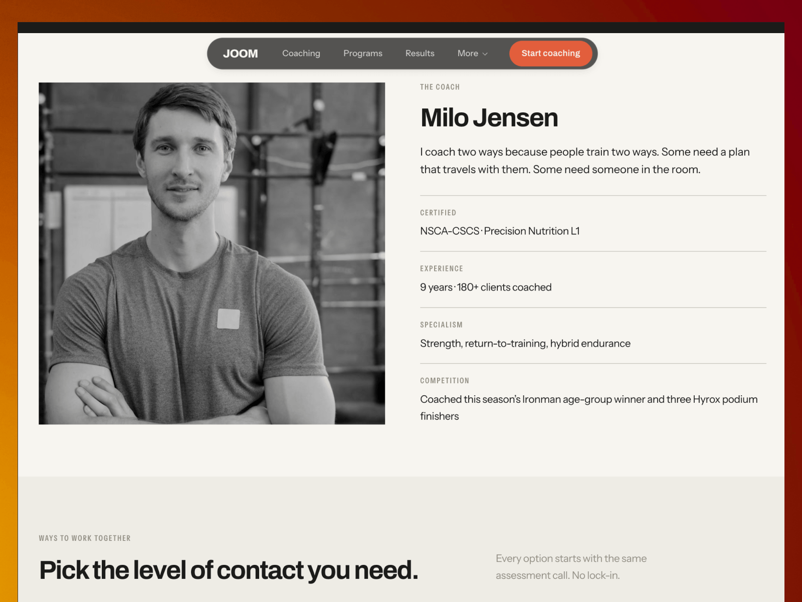 Joom gives the coach a profile page with their certifications and how they actually work with people.Clients buy the coach. The programme is just what the coach sells.joom.framer.website