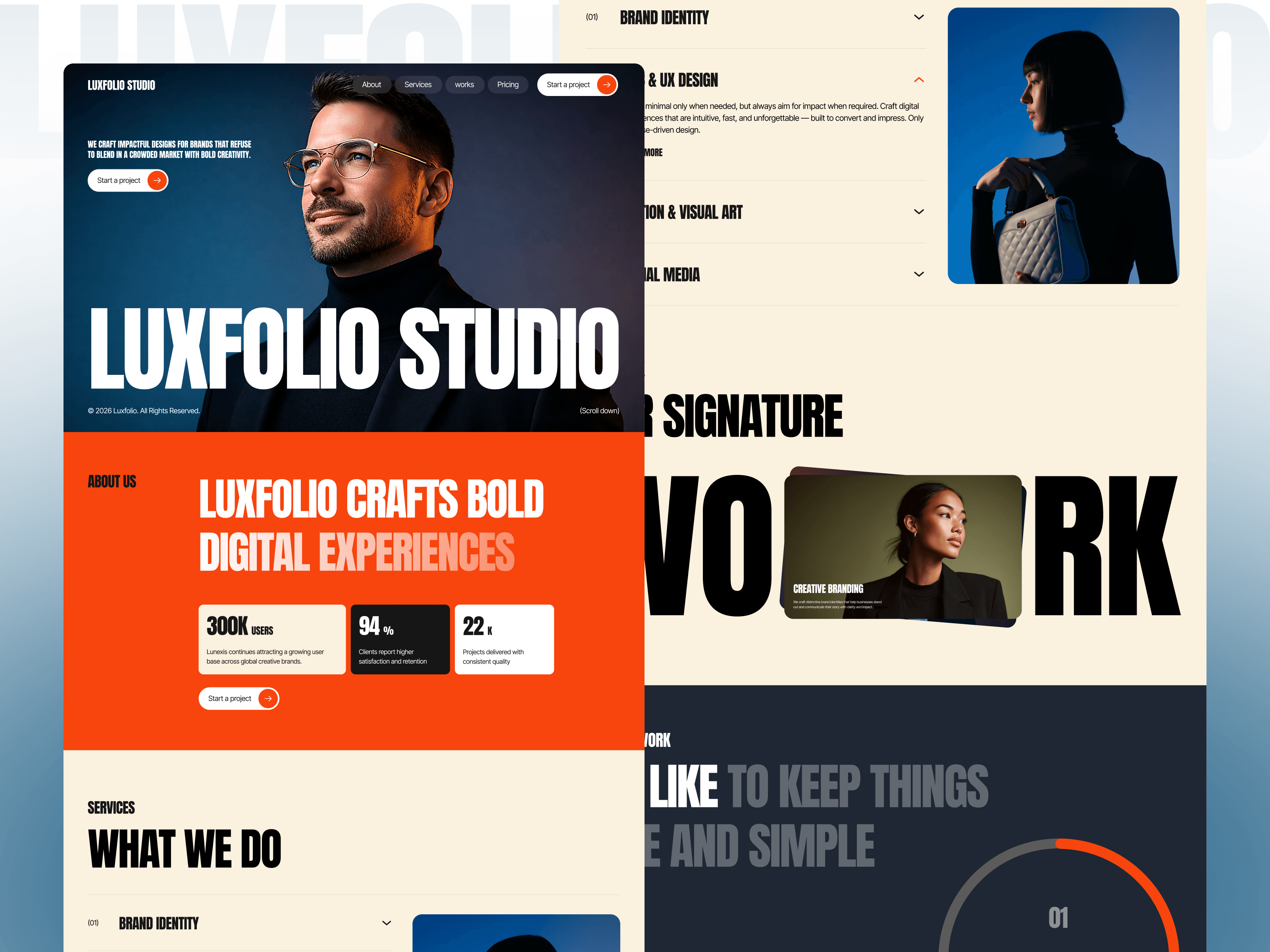 Luxfolio — Sleek Portfolio & AgencyLuxfolio is a sleek, modern portfolio and agency template crafted for creative professionals, designers, studios, freelancers, and digital agencies. With a refined visual system, bold typography, and flexible layouts, Luxfolio helps you showcase your work, services, and creative expertise with confidence.