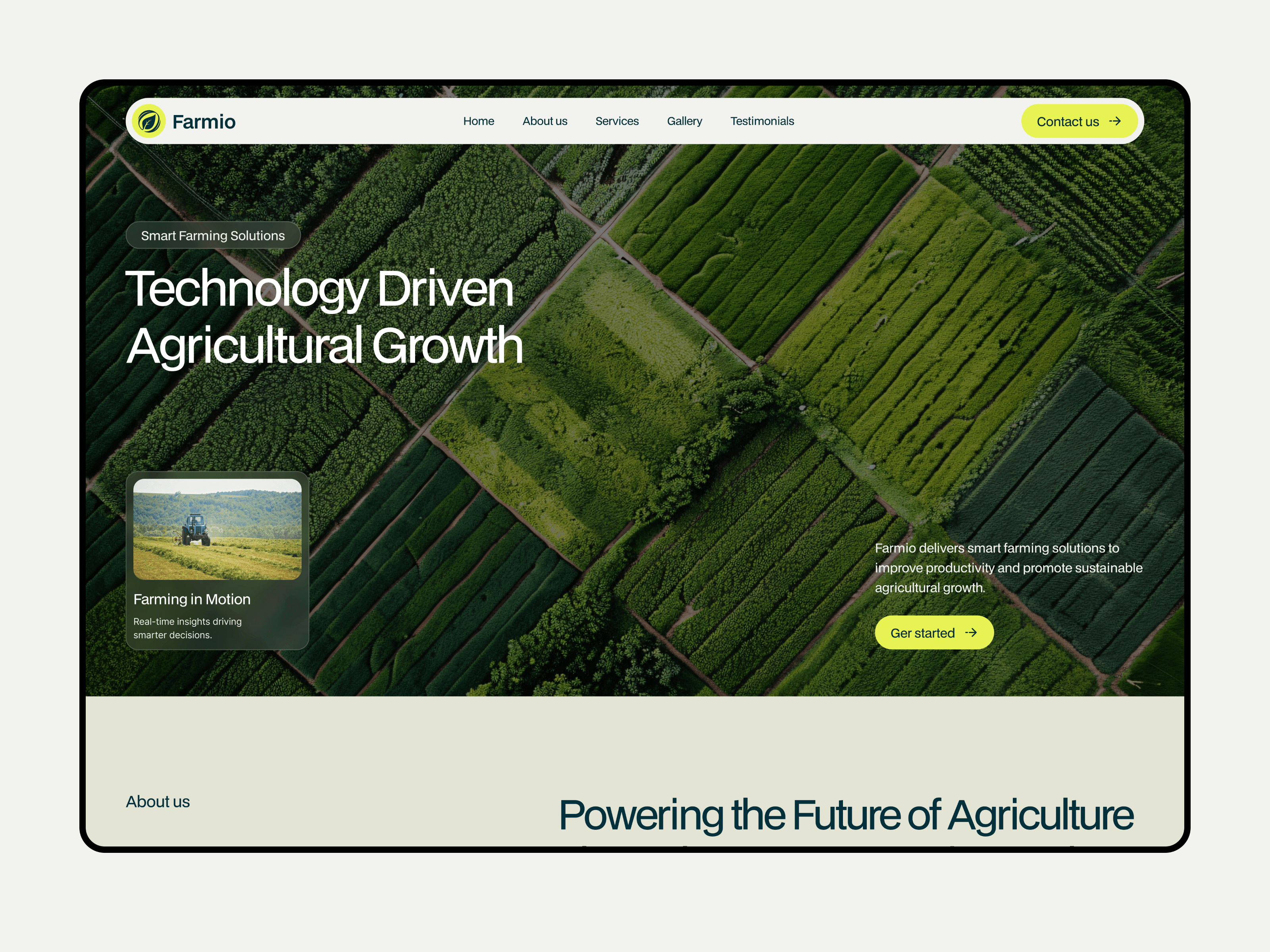 Farmio · Agriculture Landing PageFarmio is a modern agriculture landing page designed to showcase farming solutions, sustainable practices, fresh produce, and smart agricultural services. With a clean visual style, earthy aesthetics, and conversion-focused sections, Farmio helps agriculture brands build trust and connect with their audience.