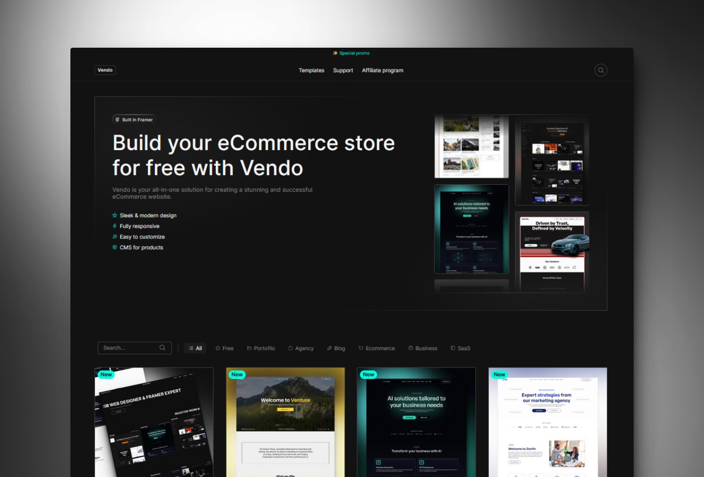 Screenshot 1 for Vendo, a Framer Marketplace template by Thaer Swailem.