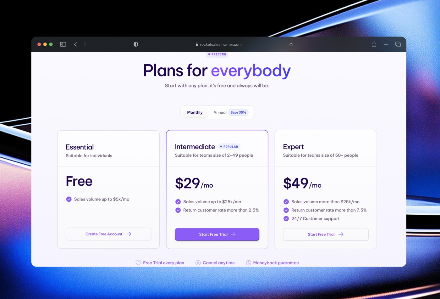 Screenshot 3 for Rocketsales, a Framer Marketplace template by Andrea Montini.