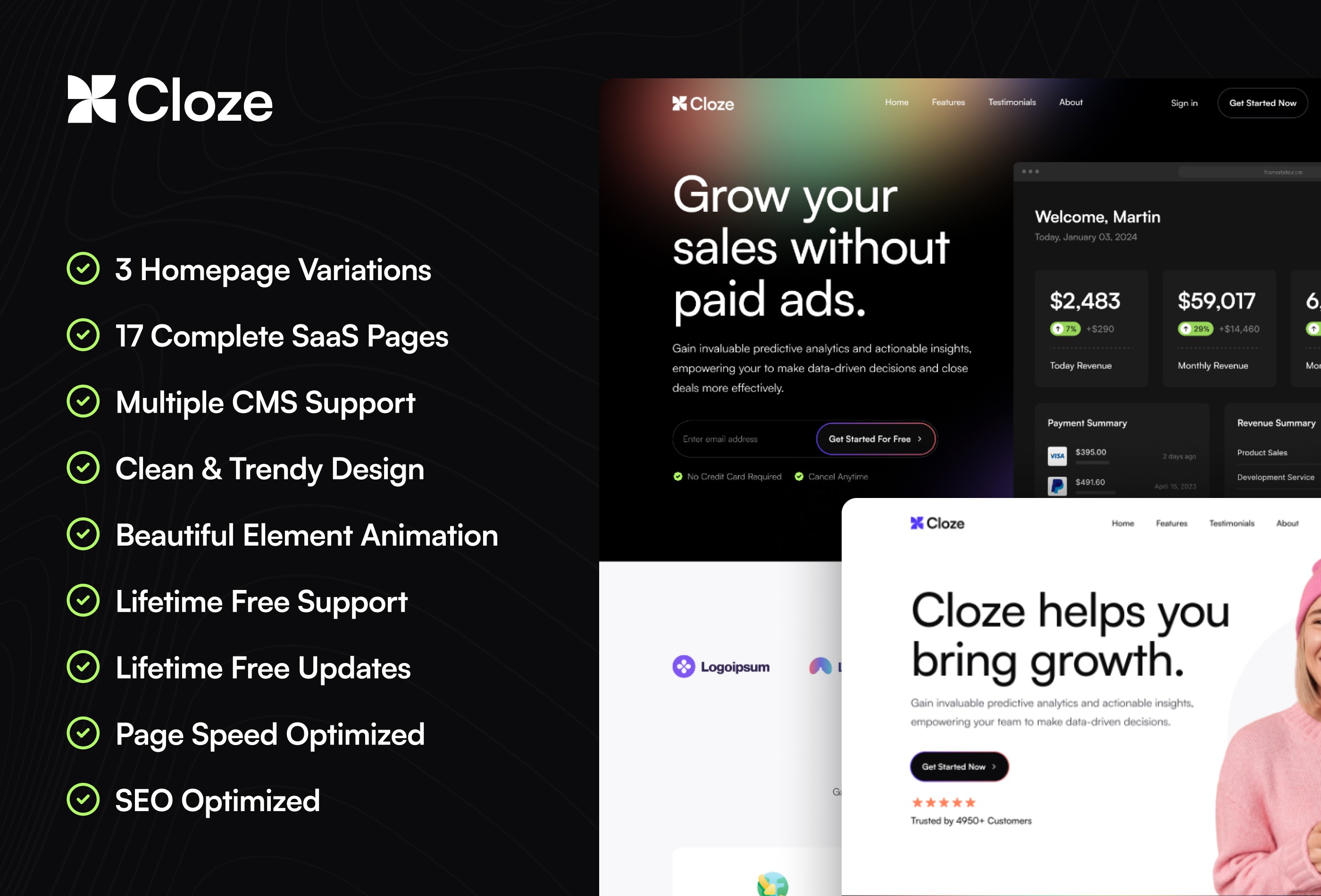 Screenshot 2 for Cloze, a Framer Marketplace template by Framerbite.