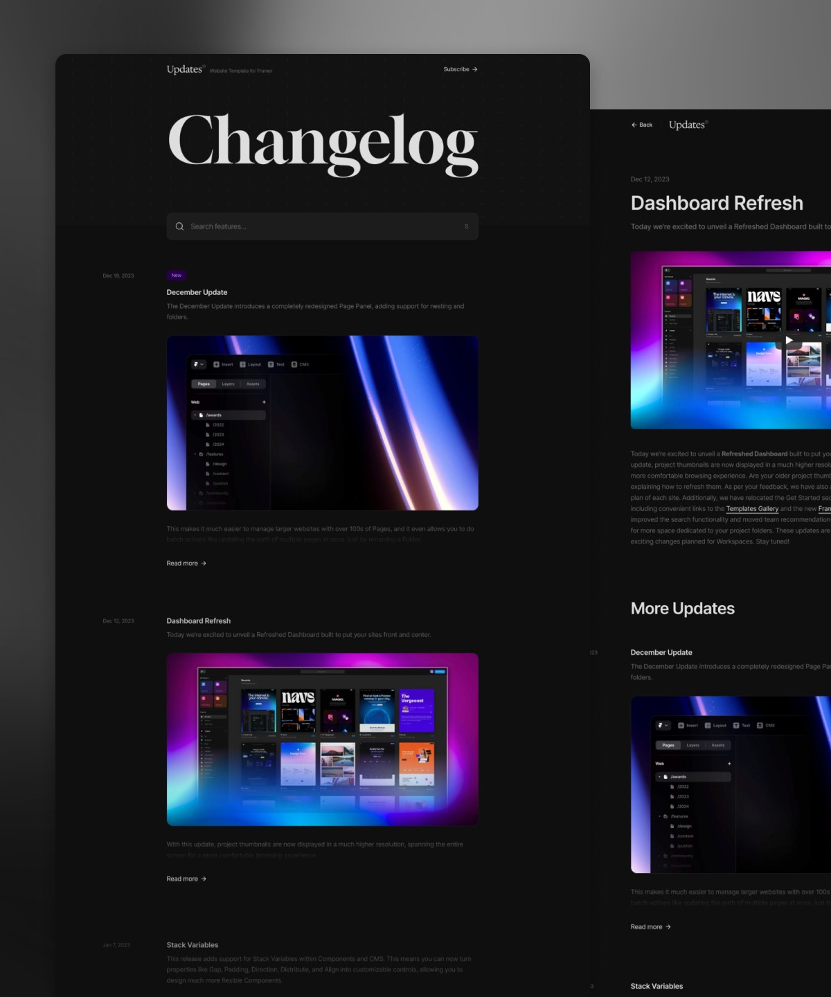 Screenshot 1 for Updates, a Framer Marketplace template by Cédric.