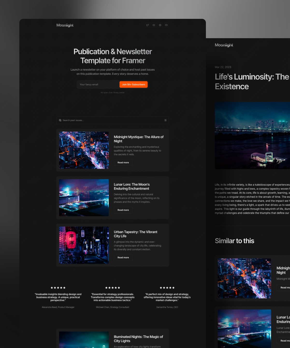 Screenshot 1 for Moonlight, a Framer Marketplace template by Cédric.