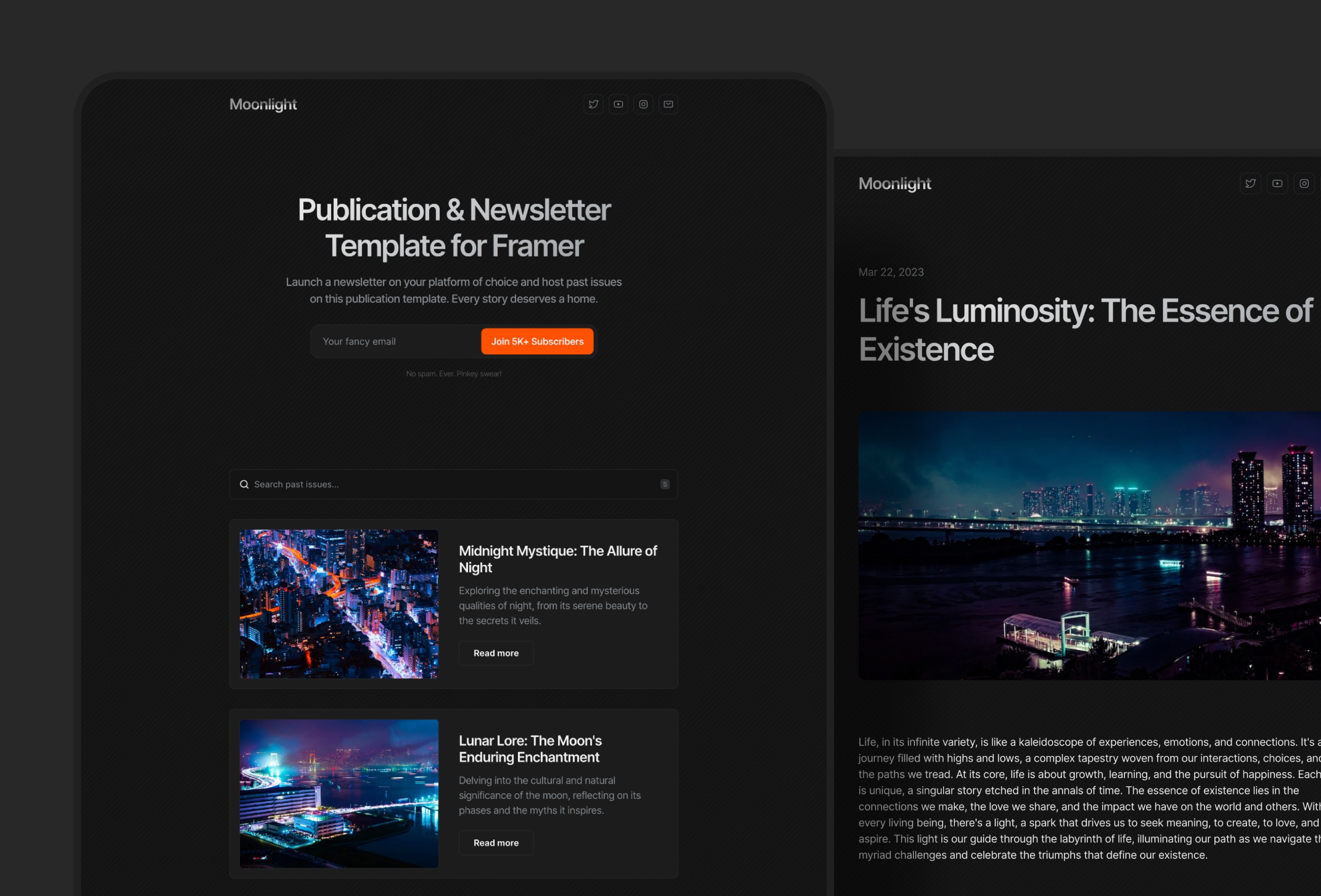 Screenshot 2 for Moonlight, a Framer Marketplace template by Cédric.