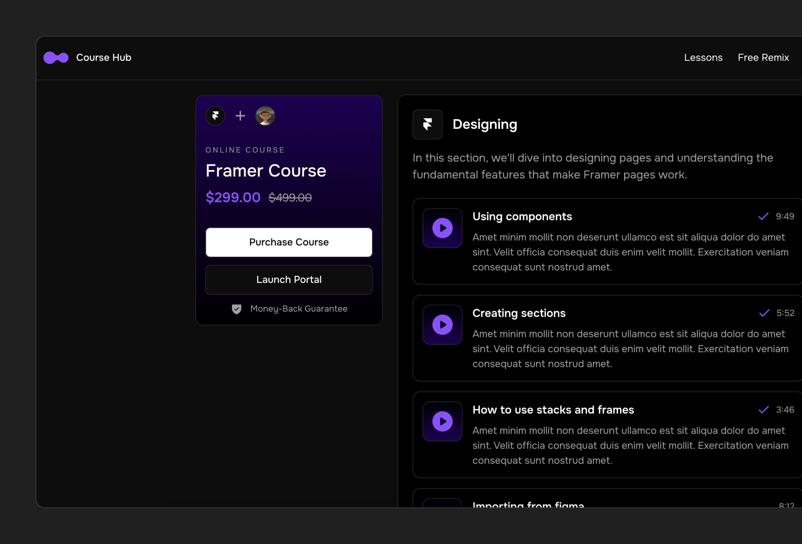 Screenshot 3 for CourseHub, a Framer Marketplace template by Danny Sapio.