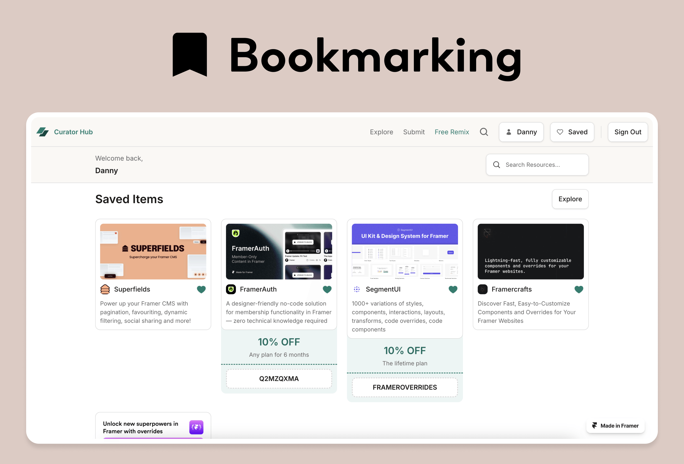 Screenshot 4 for CuratorHub, a Framer Marketplace template by Danny Sapio.